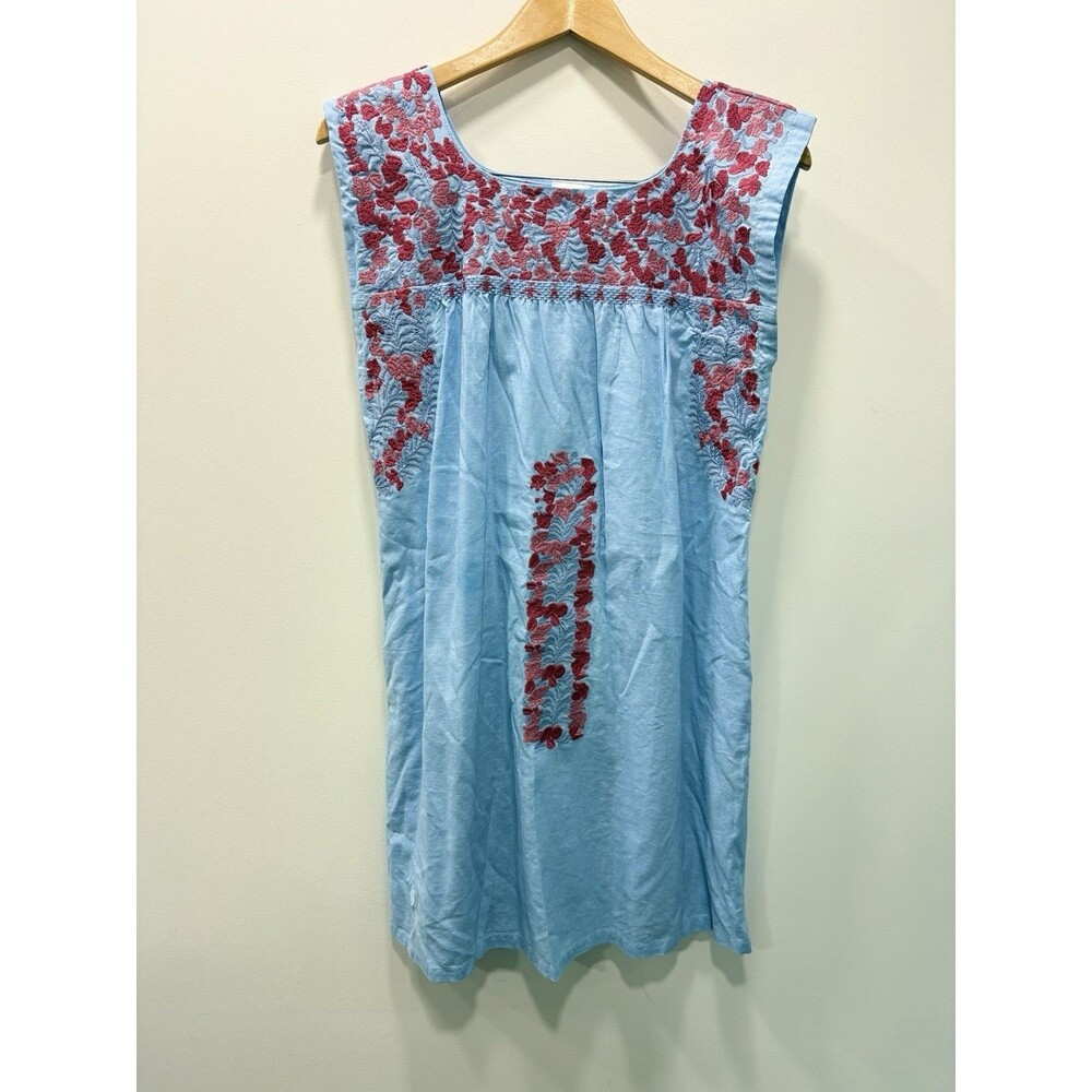 J.Marie Oaxaca Dress Small Blue Pink Floral Embroidered Linen Cotton Boho